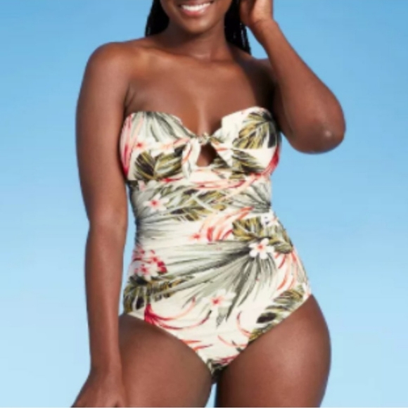 Kona Sol Tropical Floral Print One Piece Swimsuit, Size:  XL, Cream/Gree… - Picture 3 of 15